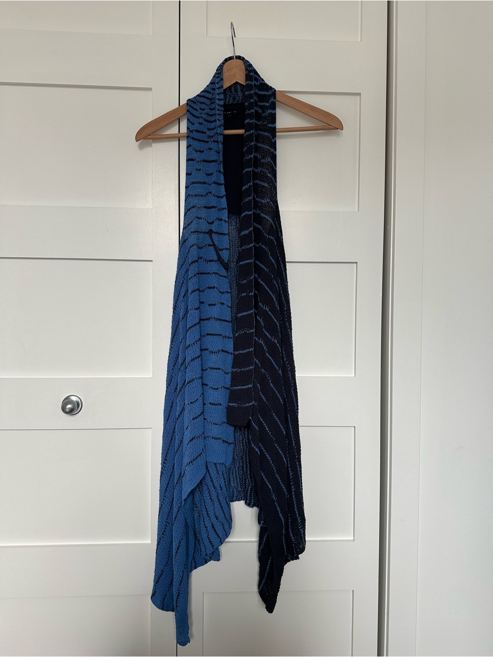 Sarah Pacini Black and Blue Open-Knit Draped Cardigan